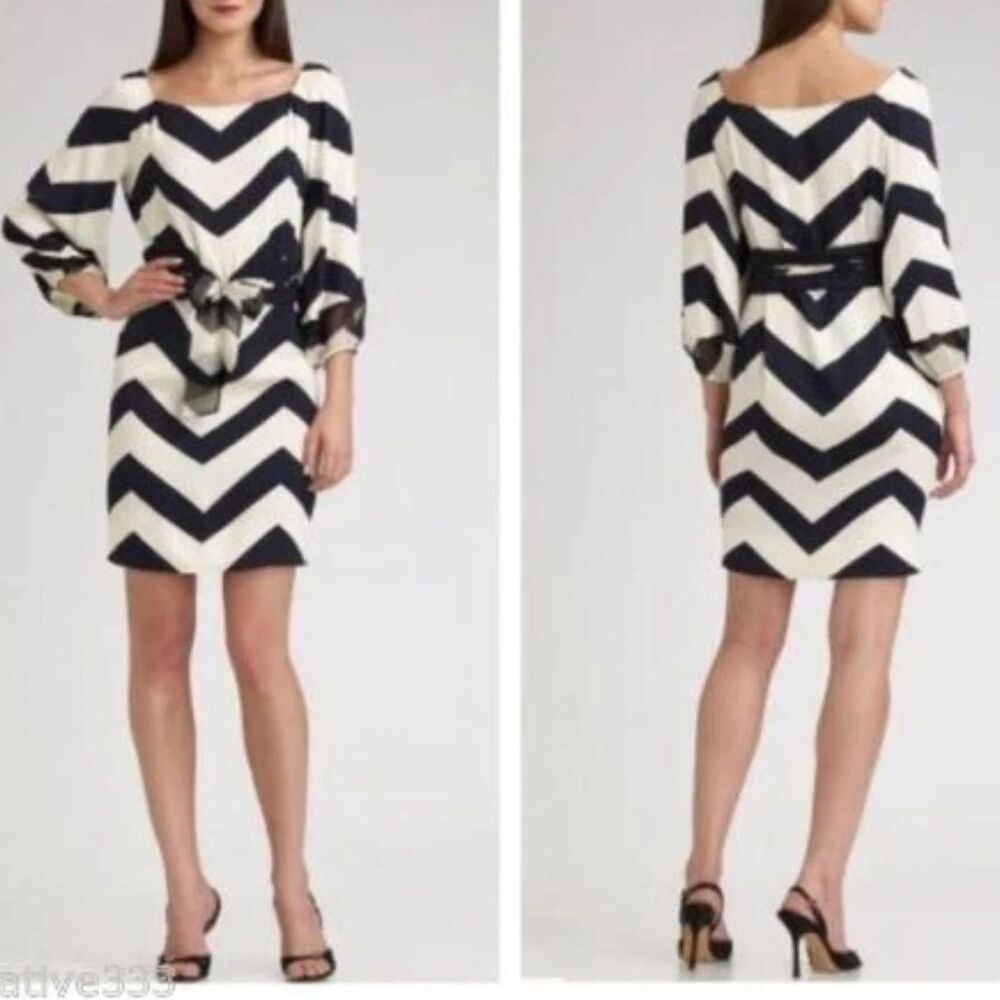 DVF Diane von Furstenberg Brigid Chevron Stripe Silk Blend Dress Navy Size 8